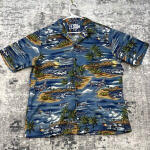 Vtg RJC Men's XL Hawaiian Shirt Blue Aviation Airplane WWII Cotton Retro Funky